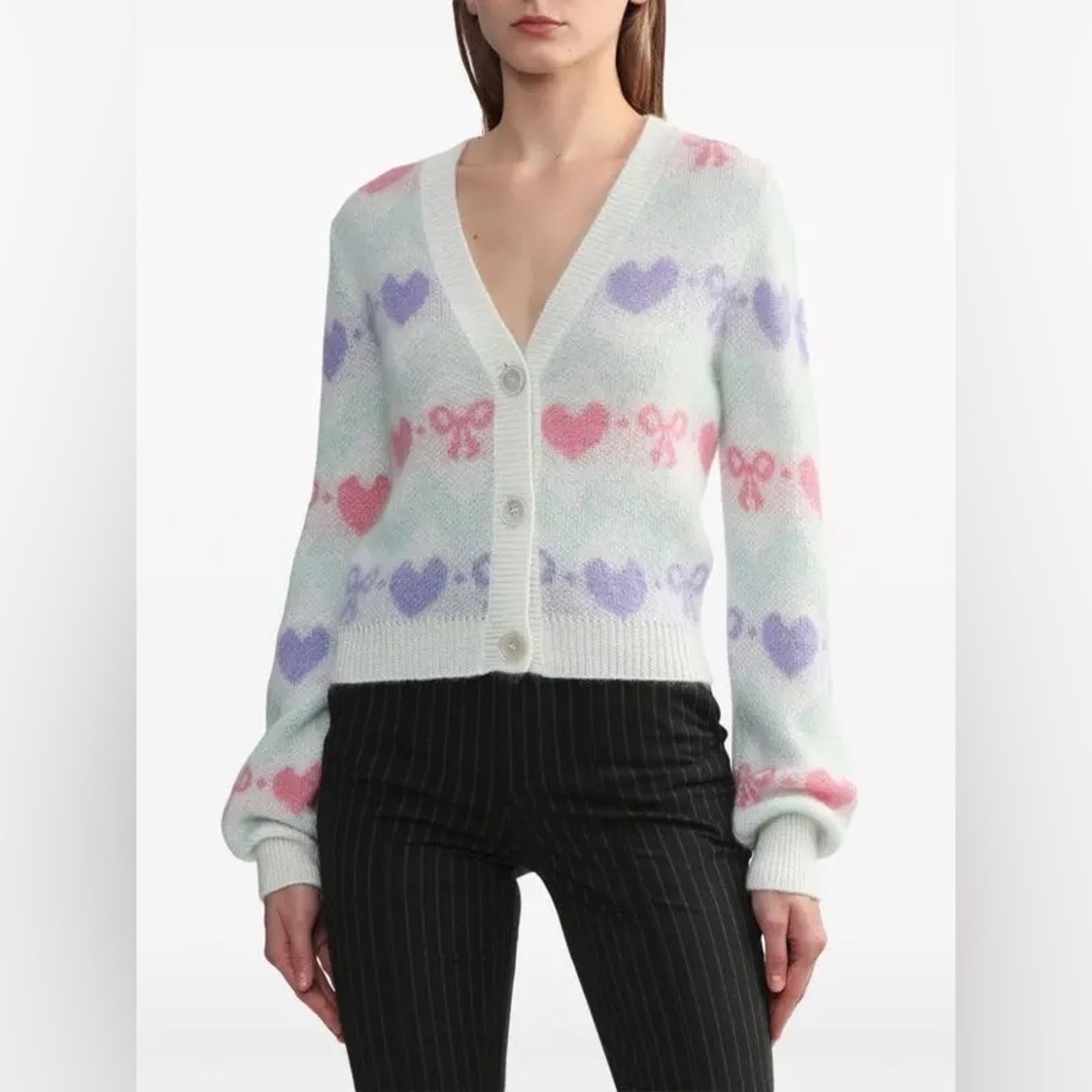 ALESSANDRA RICH Pastel Heart Bow Patterned Intarsia-Knit Cardigan Size 46 NWT